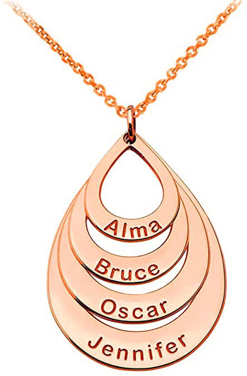 Personalized Engravable 4 Names in 4 Stack Tear Drop Pendants Necklace Option Rolo Chain in Solid Yellow, White and Rose Gold