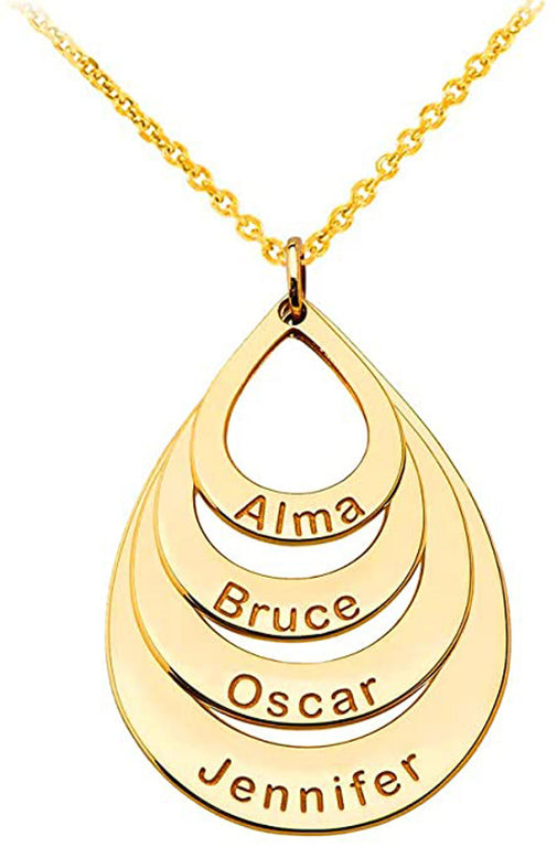 Personalized Engravable 4 Names in 4 Stack Tear Drop Pendants Necklace Option Rolo Chain in Solid Yellow, White and Rose Gold