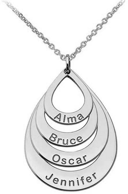 Personalized Engravable 4 Names in 4 Stack Tear Drop Pendants Necklace Option Rolo Chain in Solid .925 Sterling Silver