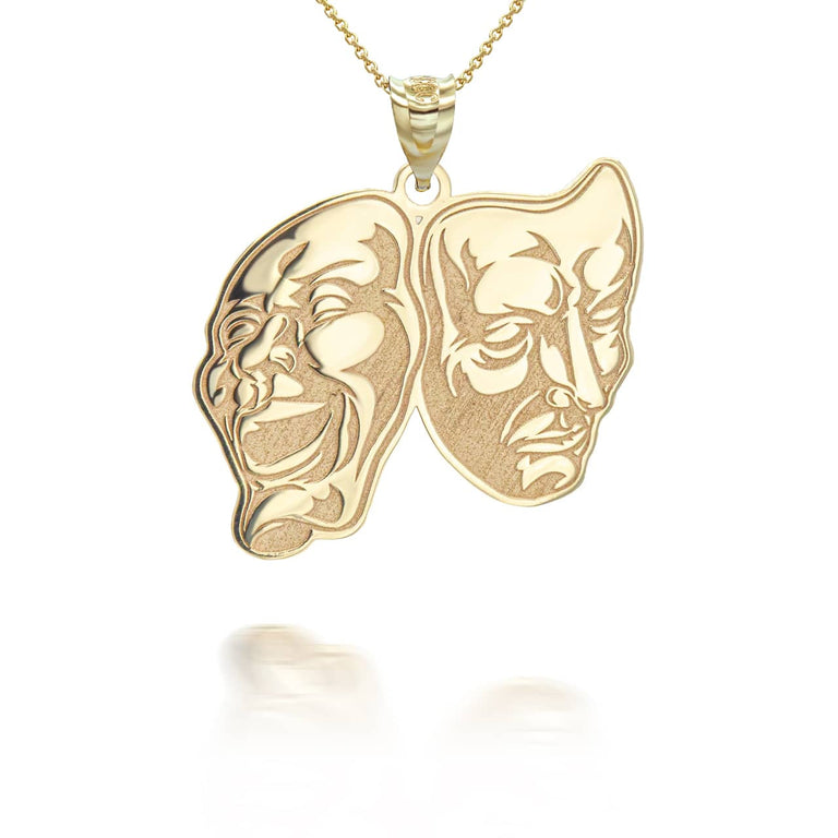 Personalized Comedy & Tragedy Masks Reversible Pendant Necklace With Your NAME in Solid Yellow, White and Rose Gold