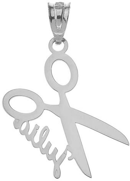 Personalized NAME Grooming Scissors Barbershop Salon Haircut Pendant Necklace in Solid .925 Sterling Silver