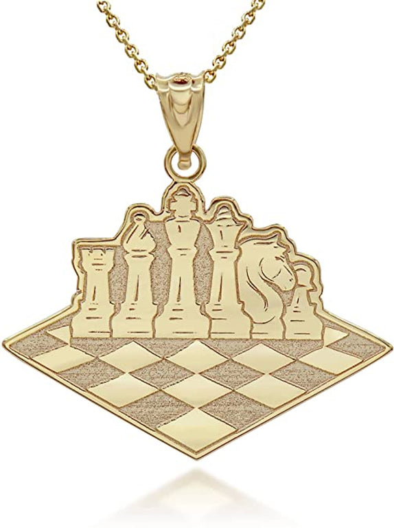 Personalized Engravable Checkerboard Chess Pieces Necklace Pendant with Your Name in Solid Yellow, White and Rose Gold