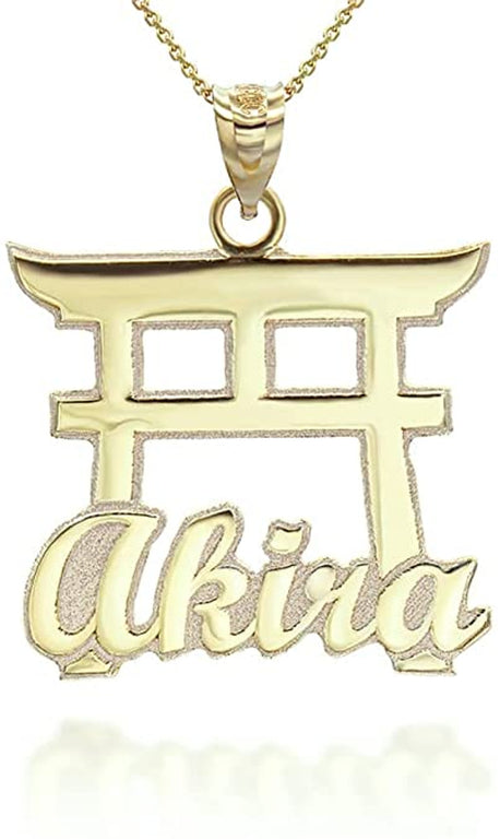 Personalized Japanese Torii Gate Shinto Shrine Pendant Necklace with Your Name in Solid Yellow, White and Rose Gold