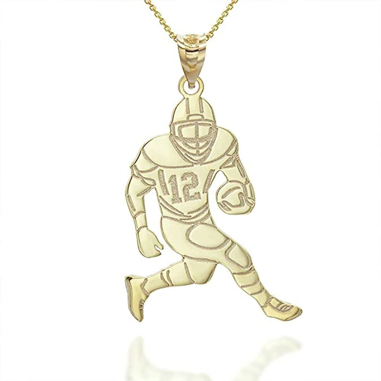Personalized Engravable Name & Number Running Football Player Pendant Necklace in Solid Yellow, White and Rose Gold