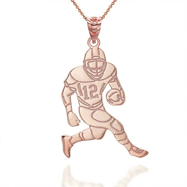 Personalized Engravable Name & Number Running Football Player Pendant Necklace in Solid Yellow, White and Rose Gold