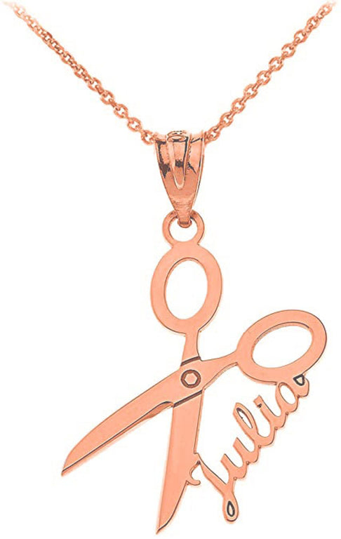 Personalized NAME Grooming Scissors Barbershop Salon Haircut Pendant Necklace in Solid Yellow, White and Rose Gold