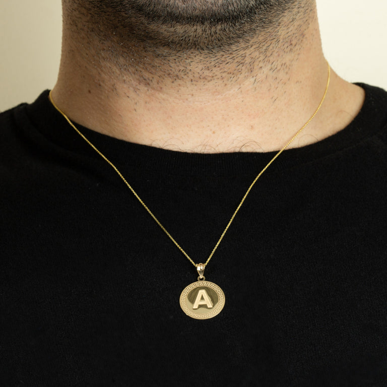 Personalized Letter Initial Greek Key Medallion Pendant Necklace in Solid Yellow, White and Rose Gold
