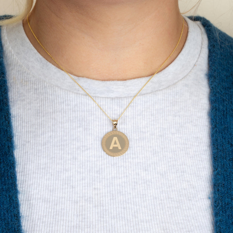 Personalized Letter Initial Greek Key Medallion Pendant Necklace in Solid Yellow, White and Rose Gold