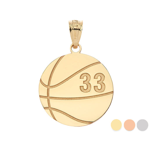 Personalized Name & Number Engravable Front/Back Basketball Ball Pendant in Solid Yellow, White and Rose Gold