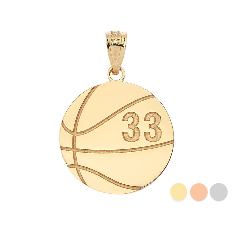 Personalized Name & Number Engravable Front/Back Basketball Ball Pendant in Solid Yellow, White and Rose Gold