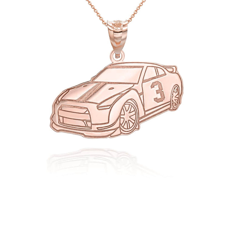 Gold Personalized Race Car Reversible Pendant Necklace in Solid Yellow, Rose and White Gold