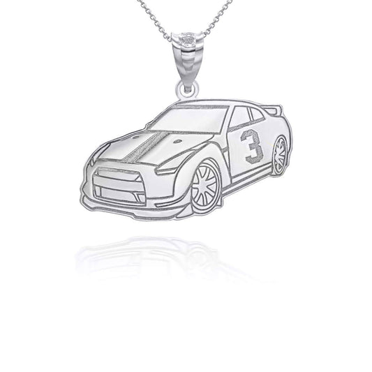 Gold Personalized Race Car Reversible Pendant Necklace in Solid .925 Sterling Silver
