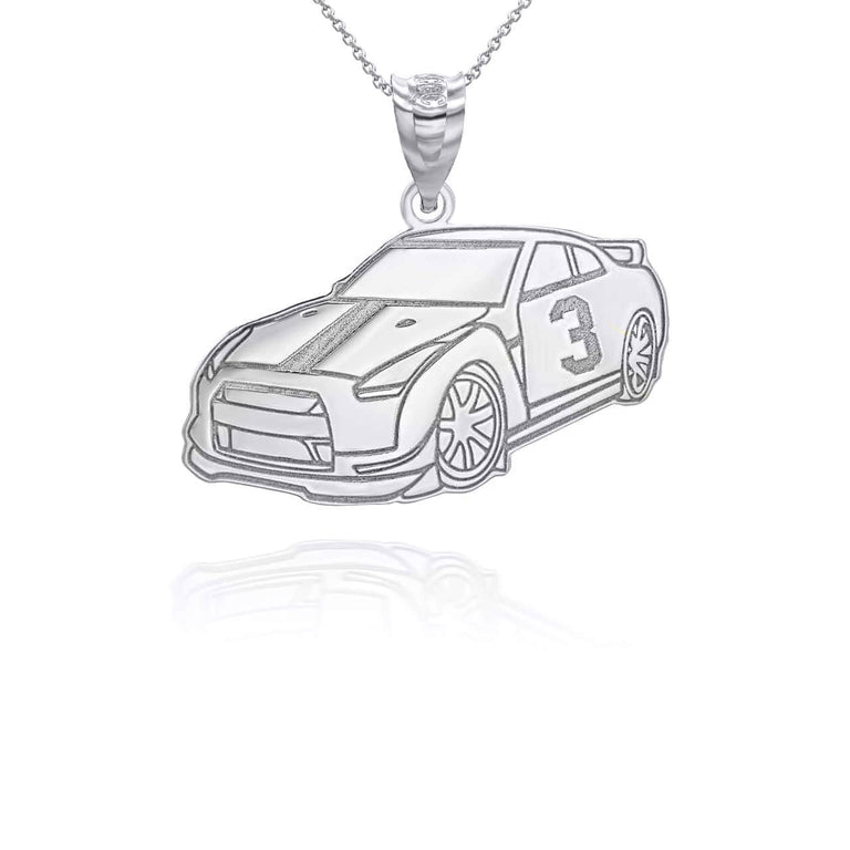 Gold Personalized Race Car Reversible Pendant Necklace in Solid .925 Sterling Silver