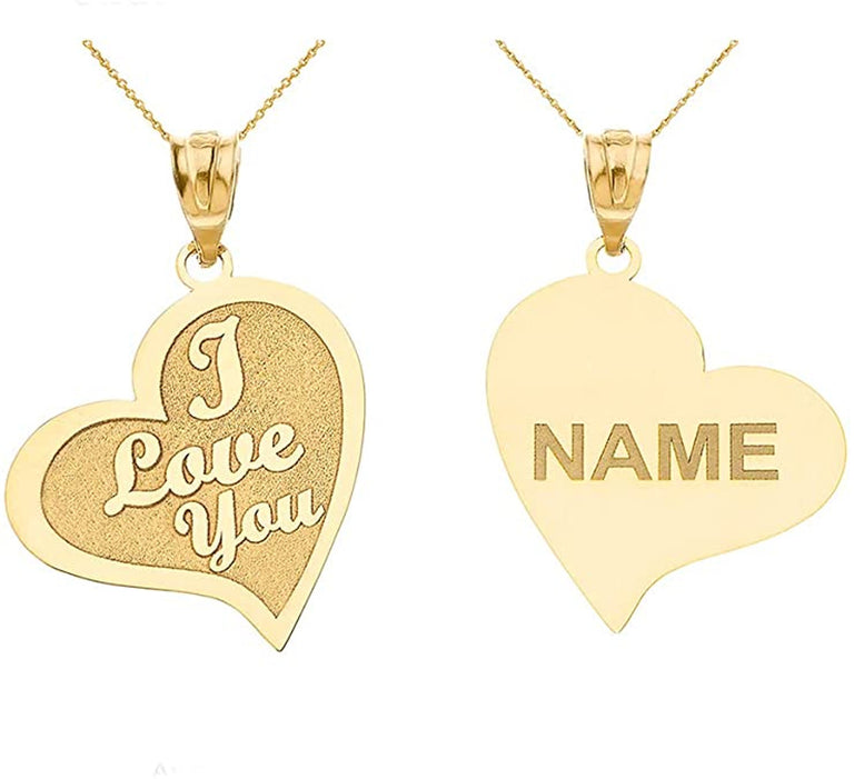 Personalized Engravable Reversible I Love You Heart Shape With Her His NAME Pendant in Solid Yellow, White and Rose Gold