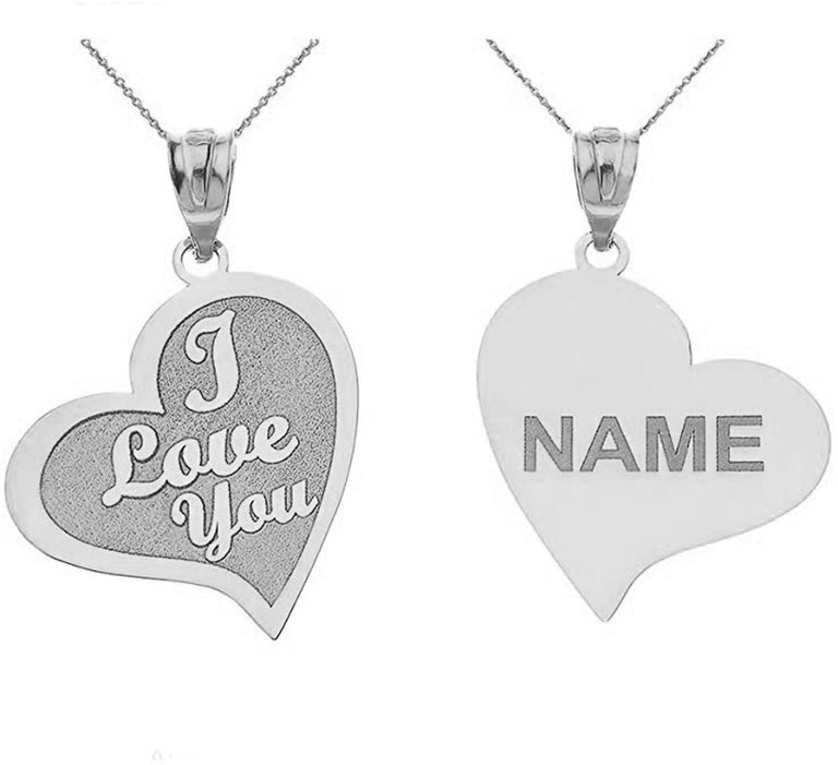 Personalized Engravable Reversible I Love You Heart Shape With Her His NAME Pendant in Solid .925 Sterling Silver