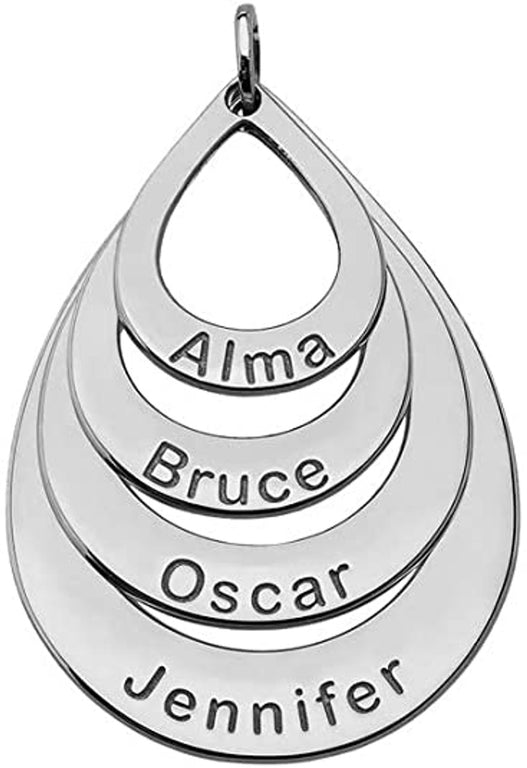 Personalized Engravable 4 Names in 4 Stack Tear Drop Pendants Necklace Option Rolo Chain in Solid .925 Sterling Silver