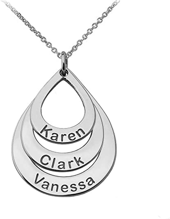 Personalized 3 Names Triple Stack Tear Drop Pendants Necklace Option with Rolo Chains in Solid .925 Sterling Silver