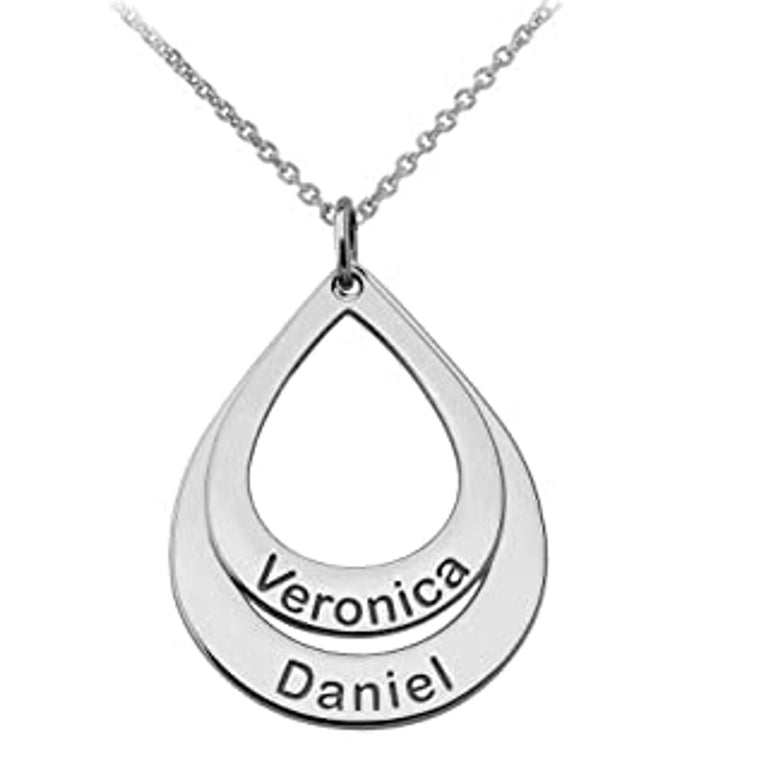 Personalized 2 Names Double Stack Tear Drop Pendants Necklace Option with Rolo Chains in Solid .925 Sterling Silver