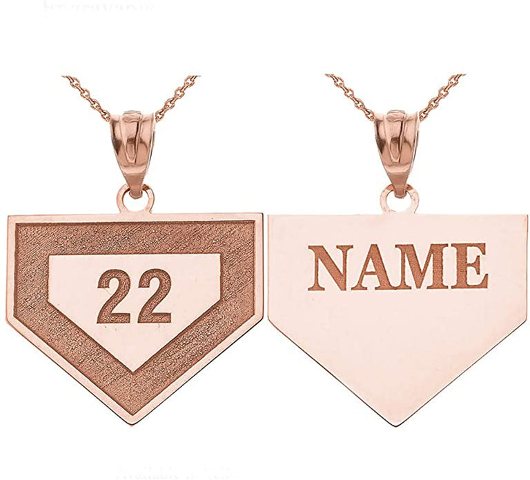 Engravable Personalized Baseball Base Pendant Necklace With Name & Number in Solid Yellow, White and Rose Gold