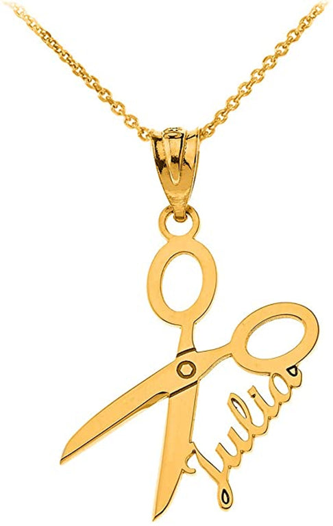 Personalized NAME Grooming Scissors Barbershop Salon Haircut Pendant Necklace in Solid Yellow, White and Rose Gold