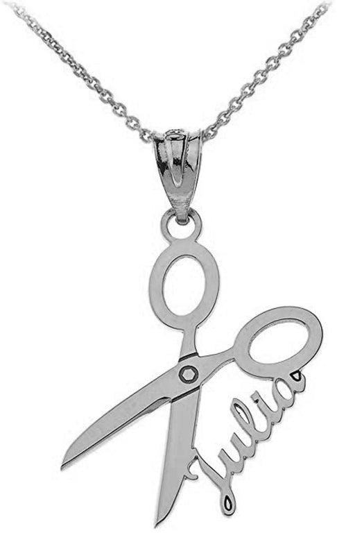 Personalized NAME Grooming Scissors Barbershop Salon Haircut Pendant Necklace in Solid .925 Sterling Silver