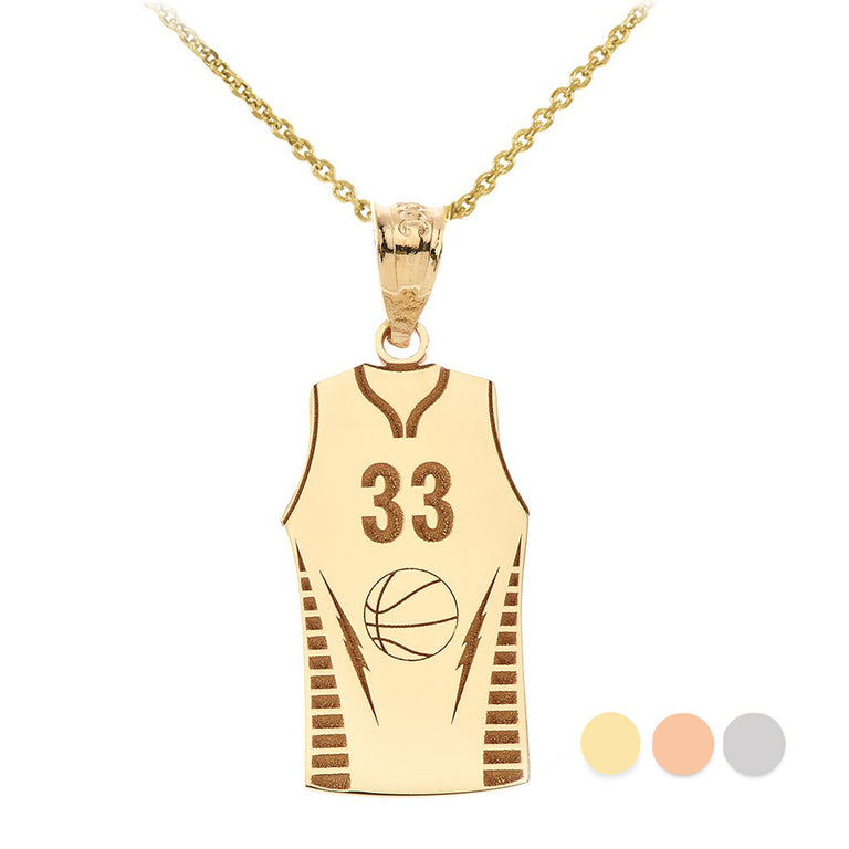 Personalized Engravable Basketball Jersey Pendant Your Name & Number in Solid Yellow, White and Rose Gold