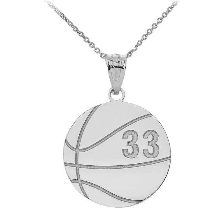 Personalized Name & Number Engravable Front/Back Basketball Ball Pendant in .925 Sterling Silver