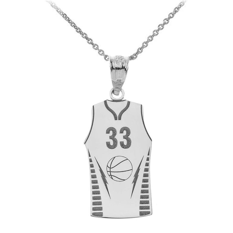 Personalized Engravable Basketball Jersey Pendant Your Name & Number in Solid .925 Sterling Silver