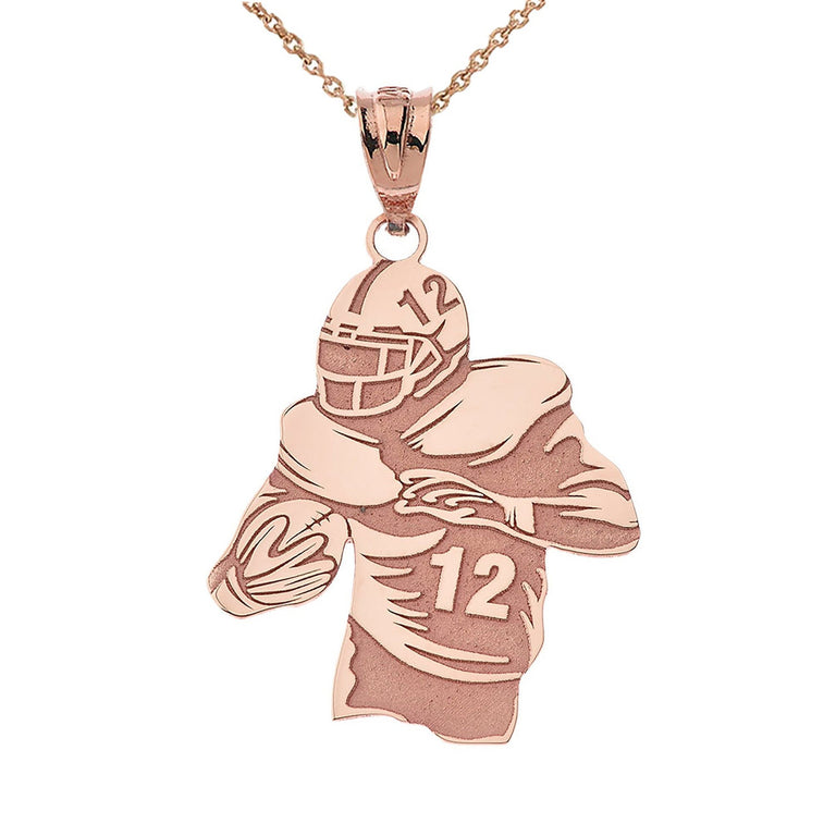 Personalized Name & Number Engravable Front/Back Football Player Jersey Pendant in Solid Yellow, White and Rose Gold