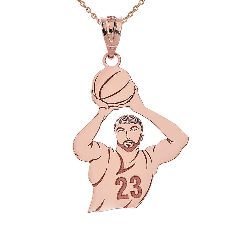 Personalized Engravable Name & Number Basketball Player Front and Back Pendant in Solid Yellow, White and Rose Gold