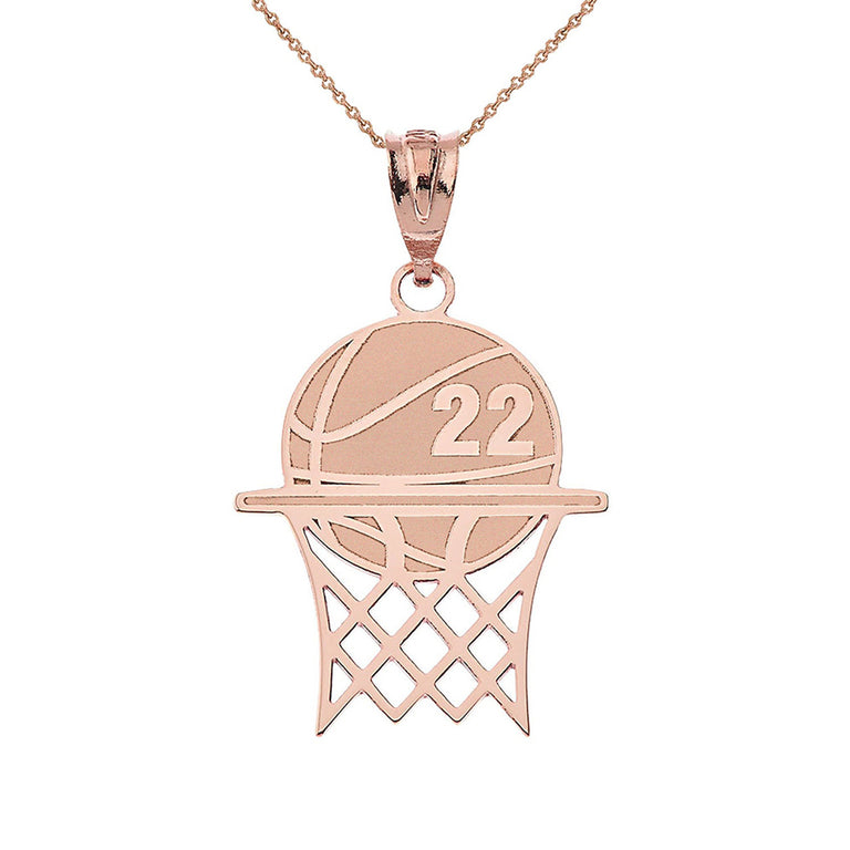 Personalized Engravable Basketball Hoop Pendant Front/Back With Your NAME & NUMBER in Solid Yellow, White and Rose Gold