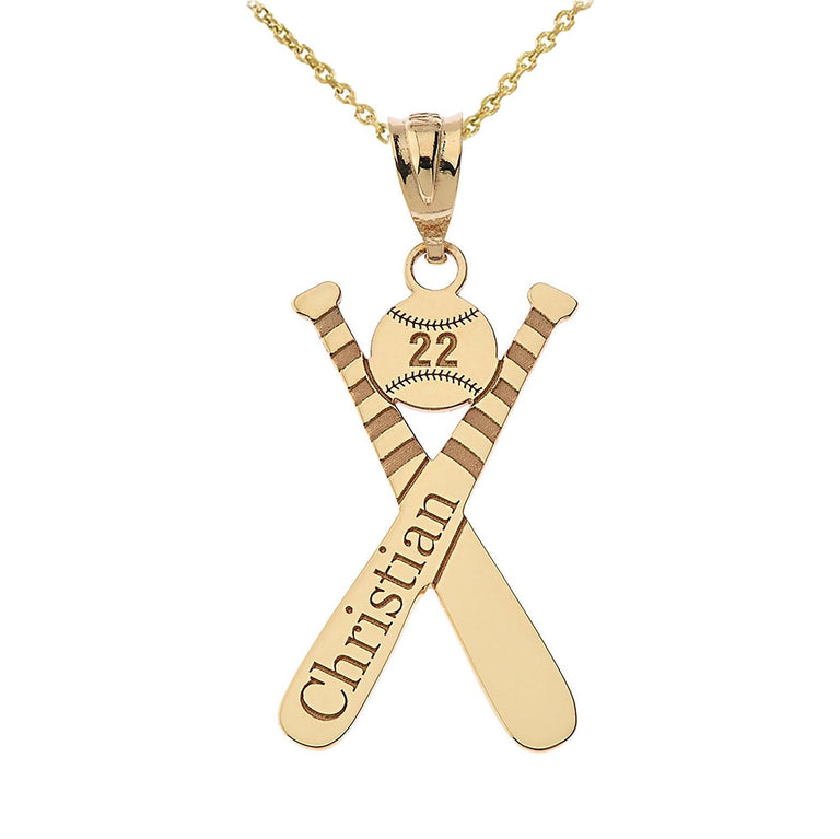 Personalized Engravable Baseball Cross Bats Pendant Name & Number Handcrafted in Solid Yellow, White and Rose Gold