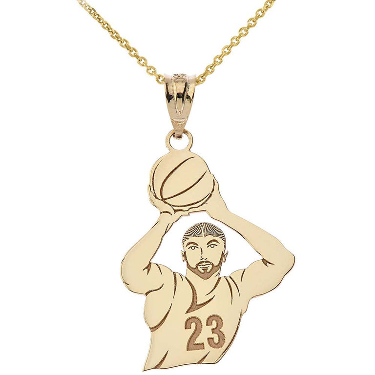 Personalized Engravable Name & Number Basketball Player Front and Back Pendant in Solid Yellow, White and Rose Gold