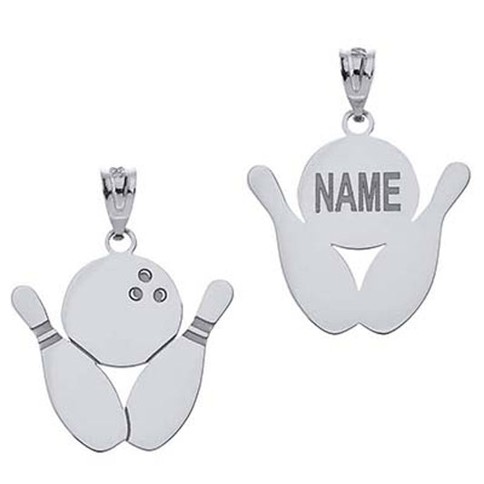 Personalized Engravable Bowling Alley Ball 2 Pins Pendant Your Name in Solid .925 Sterling Silver