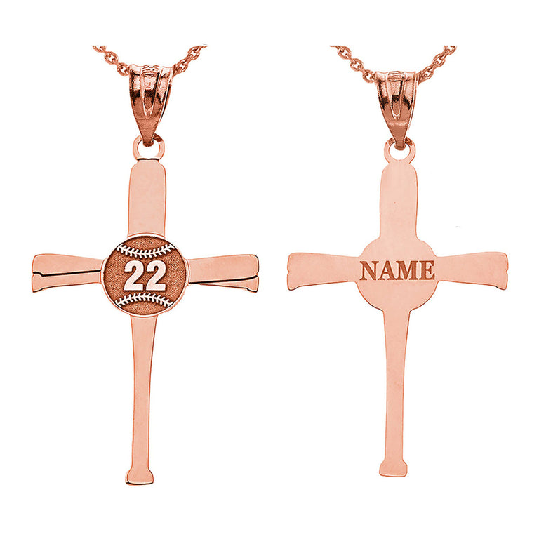 Personalized Name & Number Engravable Front/Back Sports Baseball Bat Cross Pendant in Solid Yellow, White and Rose Gold