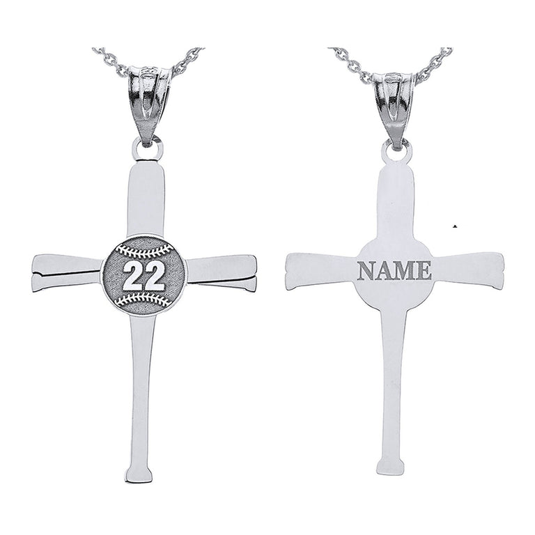 Personalized Name & Number Engravable Front/Back Sports Baseball Bat Cross Pendant in Solid .925 Sterling Silver