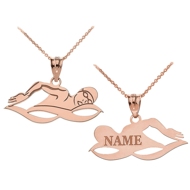 Personalized Your Swimming Swimmer Sports Pendant Necklace Engraved With Your NAME in Solid Yellow, White and Rose Gold