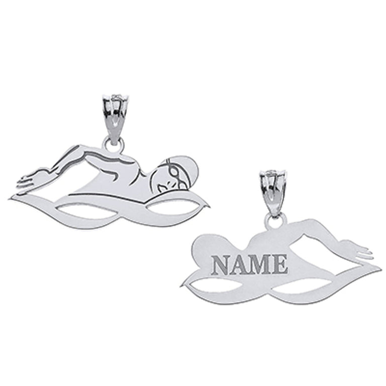 Personalized Your Swimming Swimmer Sports Pendant Necklace Engraved With Your NAME in Solid .925 Sterling Silver