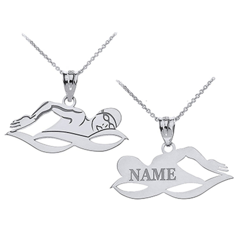 Personalized Your Swimming Swimmer Sports Pendant Necklace Engraved With Your NAME in Solid .925 Sterling Silver