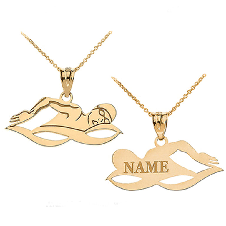Personalized Your Swimming Swimmer Sports Pendant Necklace Engraved With Your NAME in Solid Yellow, White and Rose Gold