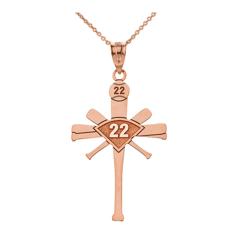 Personalized Name & Number Engravable Front/Back Baseball Bat Cross Pendant in Solid Yellow, White, Rose Gold