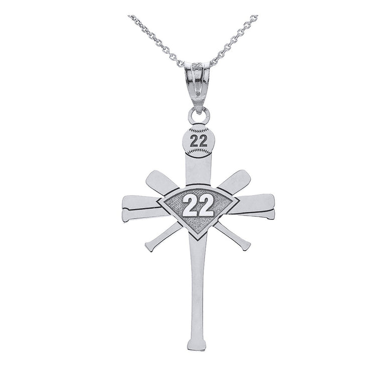 Personalized Name & Number Engravable Front/Back Baseball Bat Cross Pendant in Solid Yellow, White, Rose Gold