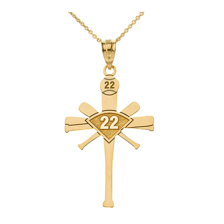 Personalized Name & Number Engravable Front/Back Baseball Bat Cross Pendant in Solid Yellow, White, Rose Gold