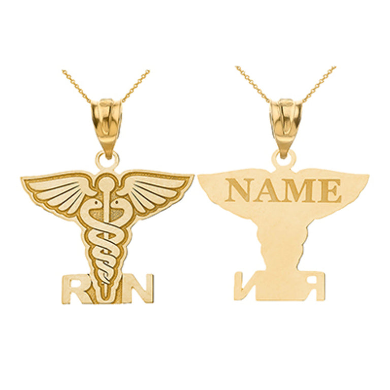 Personalized Engravable Registered Nurse Caduceus Angel Pendant Necklace With Your NAME in Solid Solid Yellow, White and Rose Gold