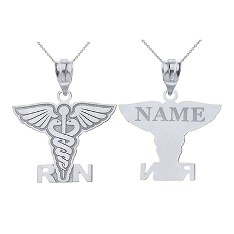 Personalized Engravable Registered Nurse Caduceus Angel Pendant Necklace With Your NAME in Solid Solid Yellow, White and Rose Gold