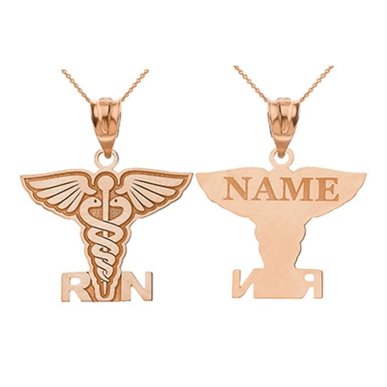 Personalized Engravable Registered Nurse Caduceus Angel Pendant Necklace With Your NAME in Solid Solid Yellow, White and Rose Gold