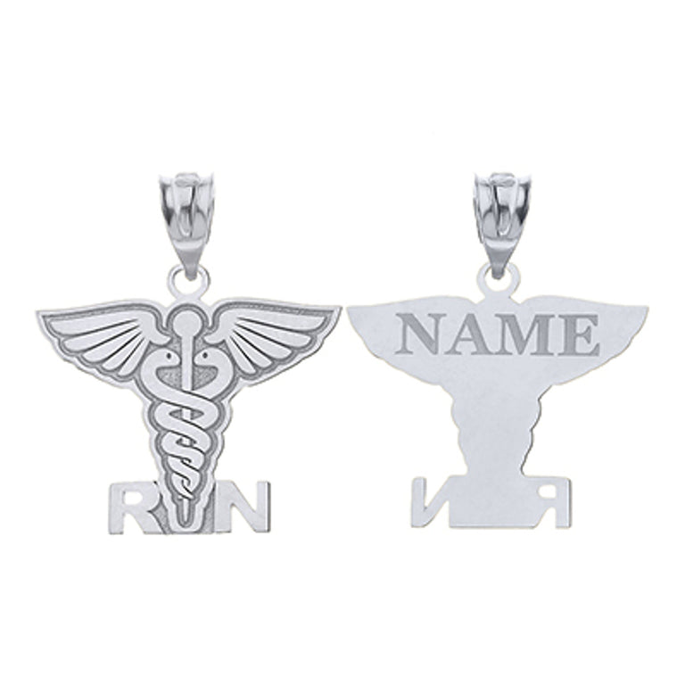 Personalized Engravable Registered Nurse Caduceus Angel Pendant Necklace With Your NAME in Solid .925 Sterling Silver