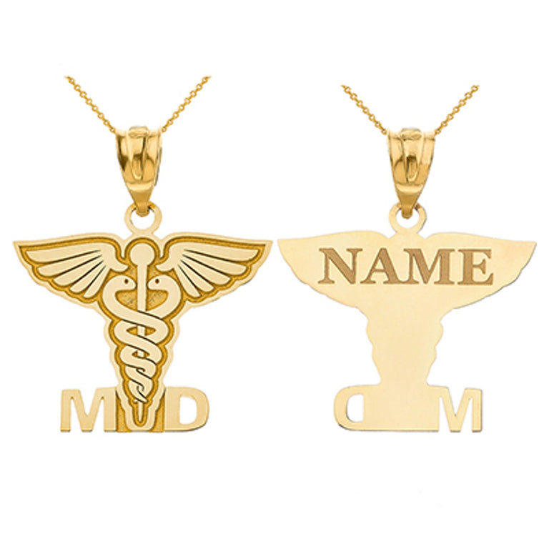 Personalized Engravable Medical Doctor MD Pendant Necklace With Your NAME in Solid Yellow, White and Rose Gold