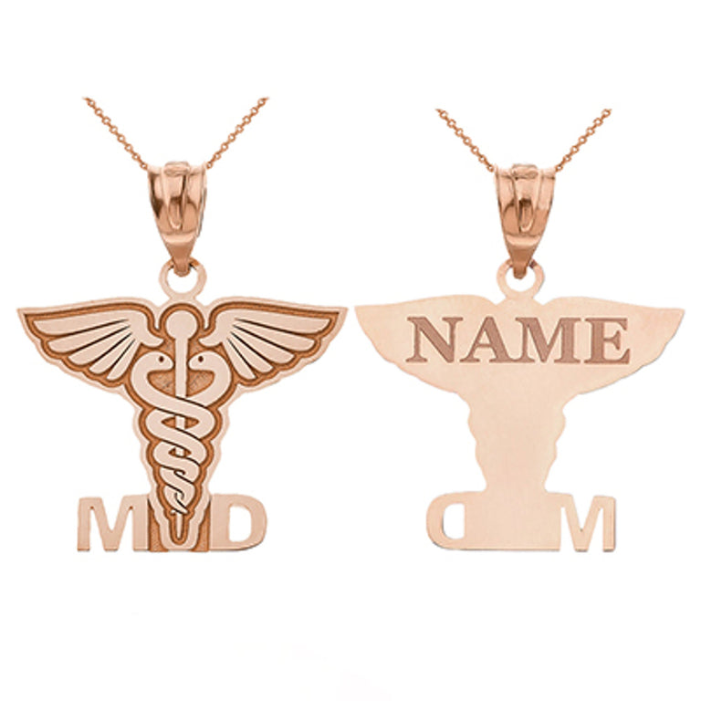 Personalized Engravable Medical Doctor MD Pendant Necklace With Your NAME in Solid Yellow, White and Rose Gold