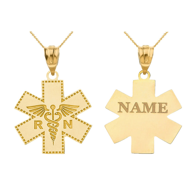 Personalized Engravable Registered Nurse RN Cross Pendant Necklace With Your NAME in Solid Yellow, White and Rose Gold
